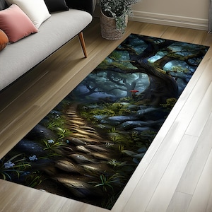 May include: A dark green and brown forest scene with a stone path leading to a large tree with a red mushroom at its base. The path is illuminated by a soft light.