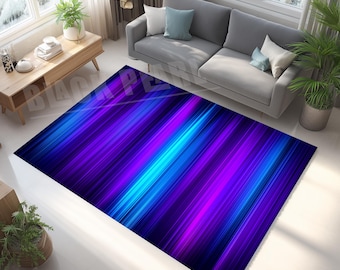 Neon Gradient Rug, Purple Blue Glow Stripes, Electric Lines Home Decor
