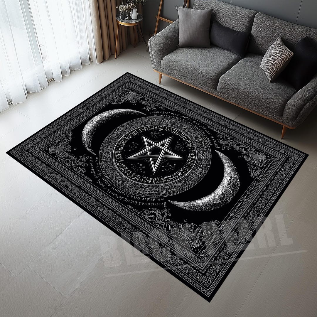Pentagram Rug: Gothic Black and White Celestial Decor - Etsy