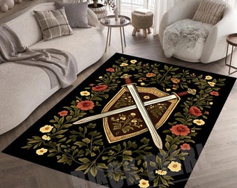 Sword & Shield Rug: Floral Medieval Decor