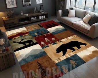 Tapete rústico com estampa de urso e alce na floresta, perfeito para decoração de cabana.