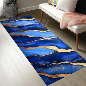 Blue Marble Velvet Rug: Modern Home Decor, Non-Slip Cotton Base