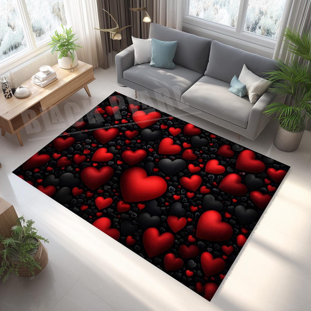 Heart Pattern Rug, Red Black Hearts Rug, Love Theme Rug, Valentine ...