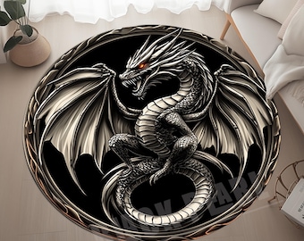 Metallic Dragon Round Rug: 3D Print Velvet, Non-Slip Cotton Base