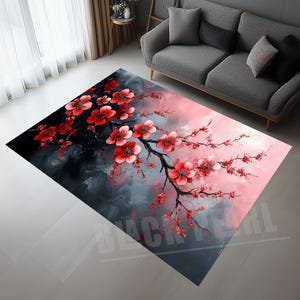 桜柄ラグ、花柄ラグ、赤い桜柄ラグ、花柄モダンラグ、油絵柄ラグ、桜柄ラグ、花柄エリアラグ、花柄デザインラグ