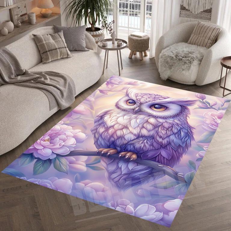 Purple Owl Area Rug: Modern Home Decor, Night Bird Design
