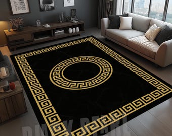 Gold Greek Key Rug: Modern Black Accent Rug, Washable Velvet