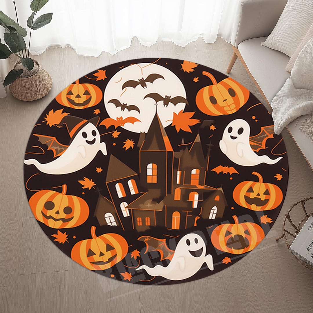Ghosts Rug, Cute Ghost Rug, Brown Custom Rug, Pumpkin Design Rug ...
