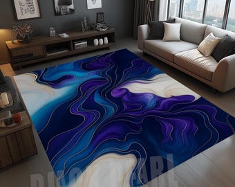 Marble Area Rug, Deep Blue, Purple Waves, Gold Lines