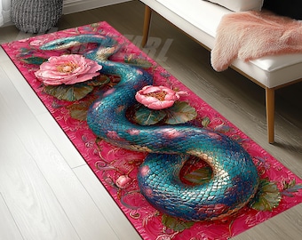 Dywan 3D Snake: niebieski dywan z gadów z różowymi różami