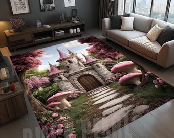 Pink Castle Rug: Fairytale Flowers, Kids Room Decor
