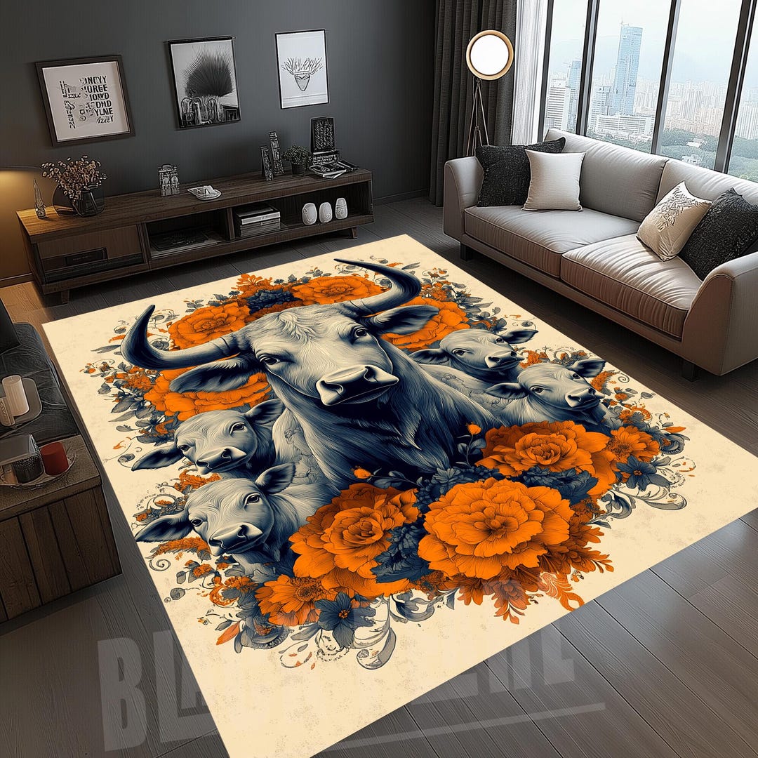 Bull Family Floral Rug, Rustic Farmhouse Cattle Art, Vintage Pastoral ...