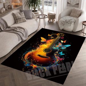 Alfombra de guitarra, alfombra de guitarra amarilla, alfombra musical, alfombra con decoración musical, alfombra con diseño de mariposas, alfombra para sala de música, alfombra para amantes de la música, alfombra con temática de guitarra