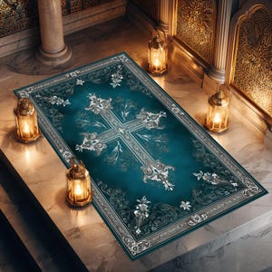 Puede incluir: Una alfombra de oración rectangular con un fondo azul verdoso profundo y un prominente motivo de cruz plateada en el centro. El diseño incluye intrincados patrones de filigrana plateada y detalles florales a lo largo del borde.