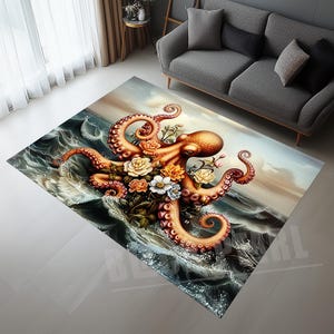 Tapis pieuvre, tapis pieuvre orange, tapis bord de mer, tapis décoration d&#39;intérieur, tapis design océan, tapis moderne fleurs, tapis de salon, tapis sur le thème nautique