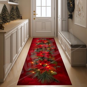 Poinsettia Christmas Rug: Floral Xmas Hallway Runner