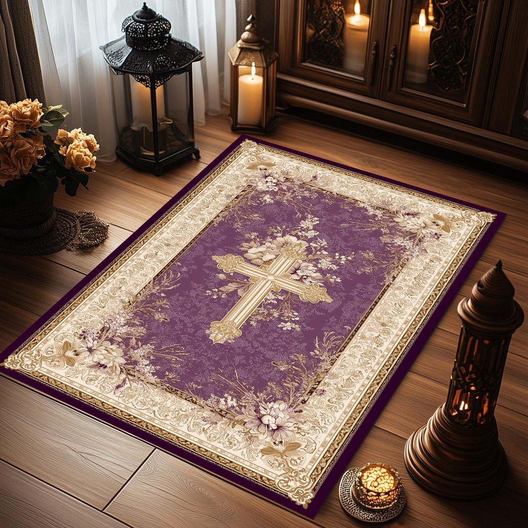 Personalized Christian Prayer Rug: Purple Cross Mat, Catholic Gift - Etsy