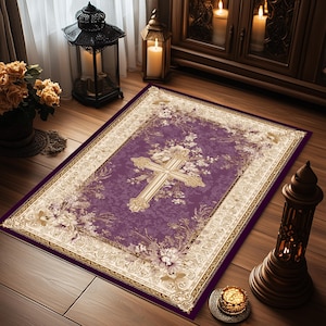 Personalized Christian Prayer Rug: Purple Cross Mat, Catholic Gift