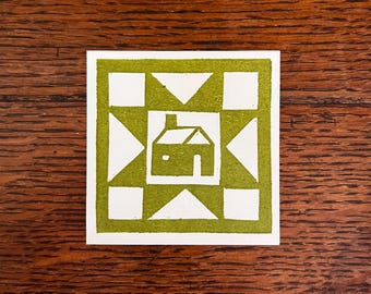 Quilt Square Linocut Print – Hand Carved Block Art (3x3 Inch)