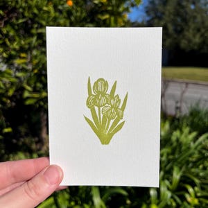 May include: A white card featuring a green iris flower design. The floral illustration is a linocut print, showcasing the flower's details. The card is held against a backdrop of green foliage and a blue sky.