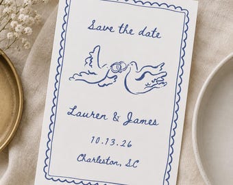 Custom Whimsical Wedding Save the Date | Hand Drawn Dove Invitation | Folk Art Blue Digital Wedding Stationary | Personalized Printable