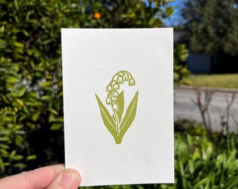 Lily of the Valley May Birth Flower Original Linocut Mini Print - Hand carved, 3.5x5, block print, printmaking