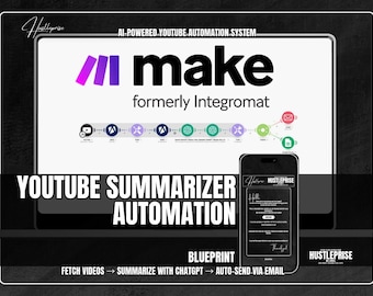 May include: A screenshot of a computer screen showing a workflow automation tool called Make, formerly known as Integromat. The workflow is for a YouTube summarizer automation, which fetches videos, summarizes them with ChatGPT, and then auto-sends the summary via email. The text "HUSTLEPRISE" is visible in the bottom right corner of the screen.