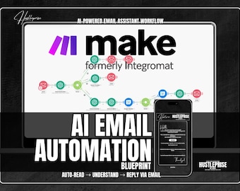 May include: A diagram illustrating an AI-powered email assistant workflow using Make (formerly Integromat). The workflow includes steps such as auto-read, understand, and reply via email. The diagram is shown on a computer screen with a mobile phone displaying a sample email on the screen.