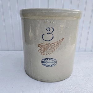 Red Wing Union Stoneware Antique  3 Gallon Crock Pottery 4 Inch Wing Rooster C1