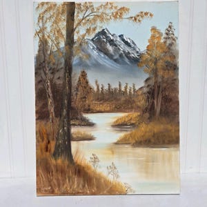 Original Oil Painting Canvas Mountains, Forest  Stream Fall  Colors Signed C1