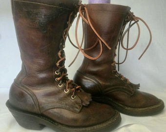 Botas de couro vintage estilo lenhador, feitas à mão por Nick, tamanho 5,5 EUA BB3