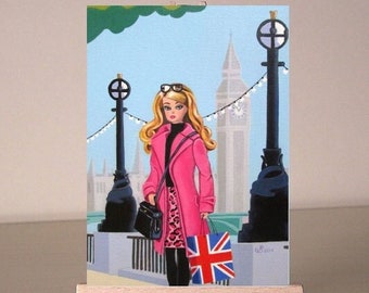 ACEO Print Barbie in London Shopping Big Ben Barbie doll art trading card 3.5 x 2.5 inches