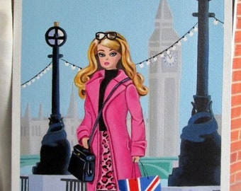 Barbie Art Original Oil Painting of Barbie doll in London shopping pink coat  16 x 12 inches