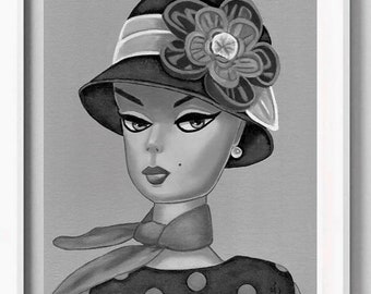 Barbie Art Original Oil Painting of Retro silkstone Doll cloche hat 1920s Canvas Panel 10 x 8, 7 x 5 inches Print & Aceo also available