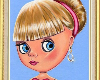 Blythe Art Original Oil Painting of Blonde Blythe Doll 3 Pink top on Canvas Panel 10 x 8, 7 x 5 inches Print & Aceo also available