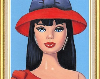 Barbie Art Original Oil Painting of Steffie doll in red hat  Canvas Panel 10 x 8, 7 x 5  inches Print & Aceo also available