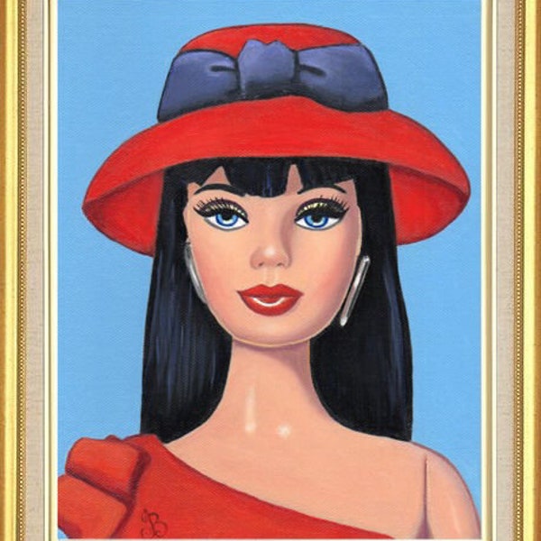 Barbie Art Original Ölgemälde einer Steffie-Puppe mit rotem Hut. Leinwandplatte 10 x 8, 7 x 5 Zoll. Druck & Aceo ebenfalls erhältlich