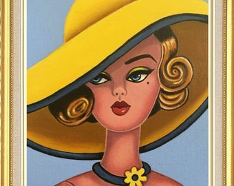 Barbie Art Original Oil Painting of Barbie Doll in Yellow hat on Canvas Panel 10 x 8, 7 x 5  inches Print & Aceo also available