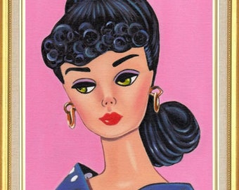 Barbie doll Art Print from Original Painting of ponytail Brunette Barbie green eyes  art 7 x 5 10 x 8 inches ACEO