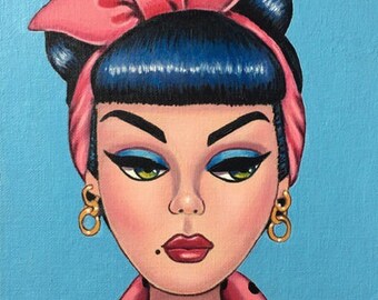 Barbie Art Original Oil Painting of Retro Rockabilly Pink scarf Silkstone Doll  Canvas Panel 10 x 8, 7 x 5 in Print & Aceo also available