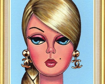 Barbie Art Original Oil Painting of Retro Silkstone Doll gold earrings on Canvas Panel 10 x 8, 7 x 5 inches Print & Aceo also available