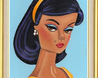 Barbie Art Original Oil Painting of Dark hair silkstone Barbie Doll yellow top Canvas Panel 10 x 8, 7 x 5 inches Print & Aceo also available