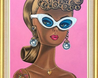 Barbie Art doll Original Oil Painting of Beautiful AA Black Barbie on Canvas 20 x 16 inch 10 x 8, 7 x 5 inches Print & Aceo also available