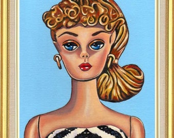 Barbie Art Original Oil Painting of Blonde Vintage Swimsuit Barbie Doll on Canvas Panel 10 x 8, 7 x 5 inches Print & Aceo also available