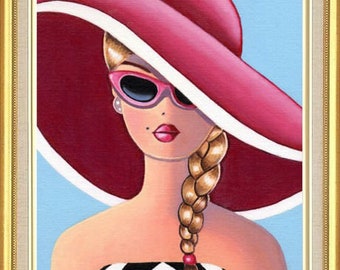 Barbie Art Original Oil Painting of Barbie Doll in pink hat sunglasses on Canvas Panel 10 x 8, 7 x 5 inches Print & Aceo also available