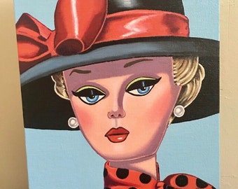 Barbie Art Original Oil Painting of Barbie doll in black hat spotted scarf on Canvas Panel 10 x 8, 7 x 5 inches Print & Aceo also available