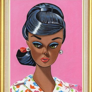 AA Black Barbie doll Art Print from Original Painting of Brunette Barbie learns to cook  art 10 x 8  7 x 5 inches ACEO