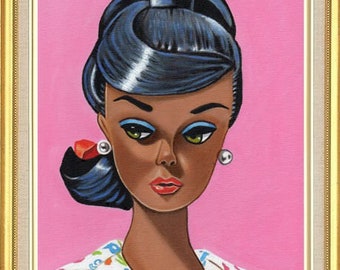 AA Black Barbie doll Art Print from Original Painting of Brunette Barbie learns to cook  art 10 x 8  7 x 5 inches ACEO