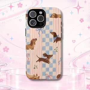 Dachshund Phone Case with Stripes, Dog Print Cover, Dual-Layer Protection (Matte/Glossy)