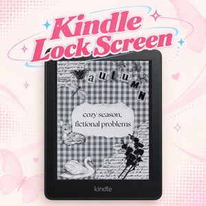 May include: A black e-reader with a screen displaying a black and white collage featuring a gingham pattern, the word autumn, a deer, a swan, and the text cosy season, fictional problems. Above the device, the text Kindle Lock Screen appears.